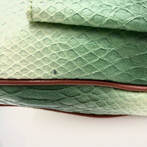 SHARIF 1827 GREEN & BROWN HANDBAG LEATHER TRIM WITH LAMINATE AND POUCH NWOT - Picture 6 of 15